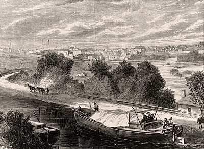 Mules pulling boat along JamesRiverAndKanawhaCanal